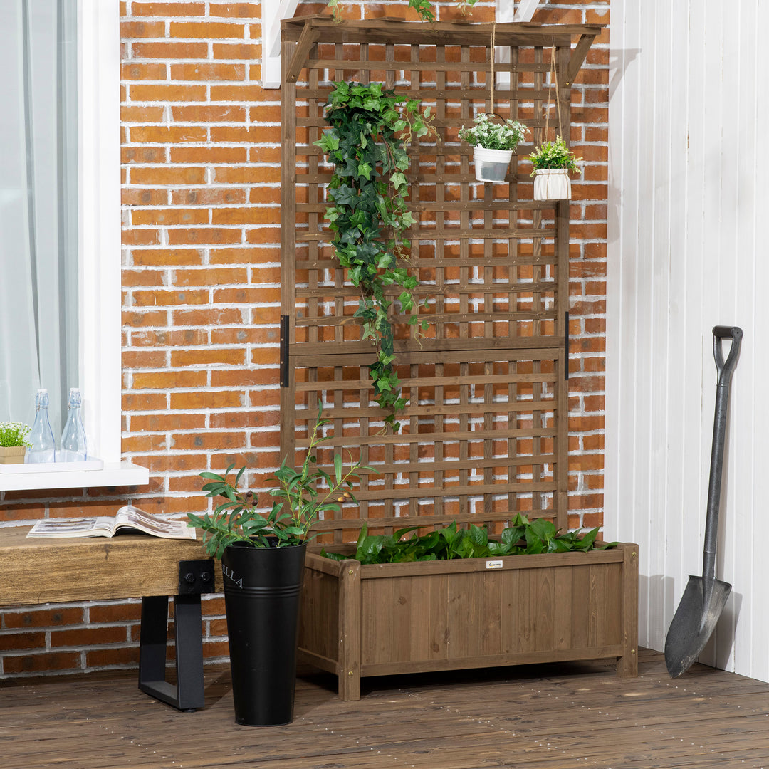 Raised Bed with Drainage Holes, Wood Planter with Trellis for Climbing Plants to Grow Vegetables, Flowers, Brown