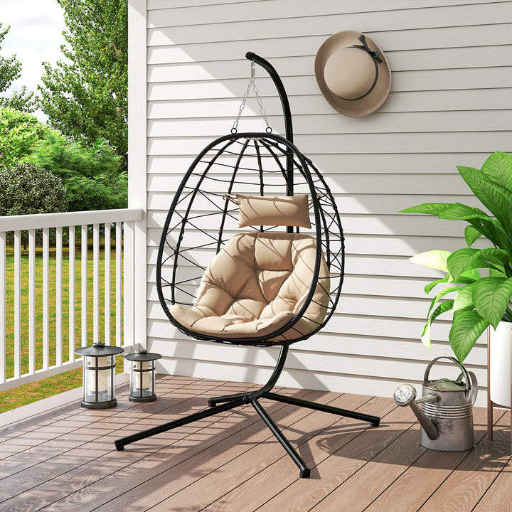 Hanging Egg Chair Outdoor Indoor Garden Swing Chair with Folding Basket, Thickened Cushion, Garden Hanging Chair with Stand, Headrest for Patio, Balcony, Khaki