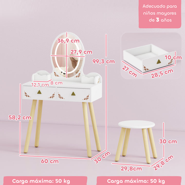 MCL Kids Vanity Table and Chair Set with 3-Colour LED Lights Mirror, Drawer, Storage Boxes, for 3+ Years, White