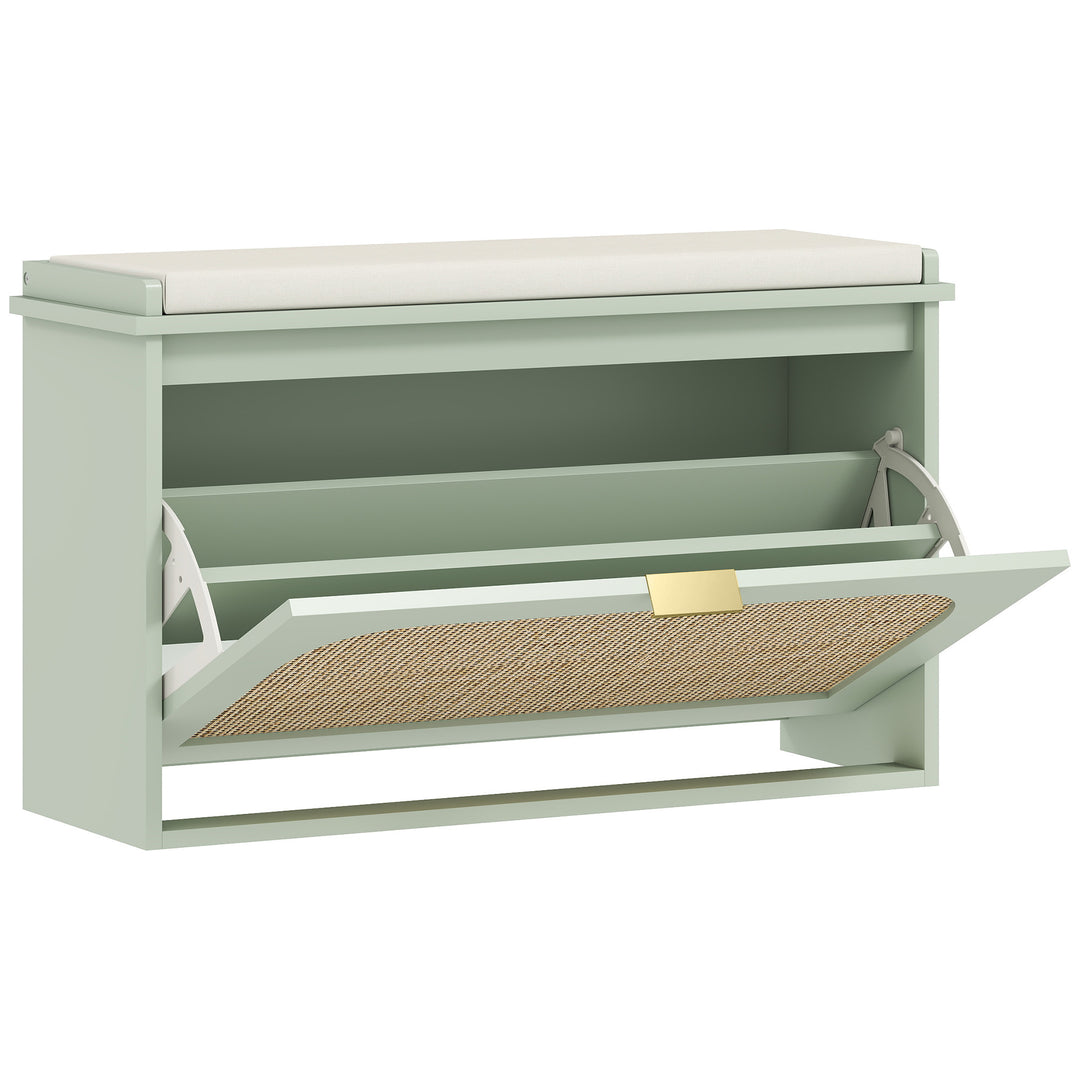 Boho Shoe Bench with Padded Seat and Flip-Drawer - Light Green