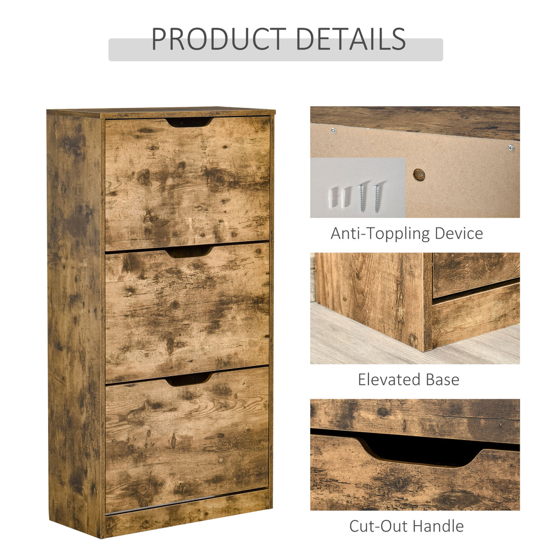 Industrial Shoe Cabinet with 3 Flip Drawers, Narrow Shoe Storage Cabinet for 18 Pairs, Freestanding Slim Shoe Storage Organiser for Entryway, Hallway, Rustic Brown