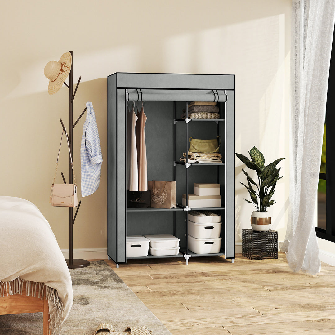 Fabric Wardrobe, Portable Wardrobe with 6 Shelves, 1 Hanging Rail, Foldable Closets, 103 x 43 x 162.5 cm, Light Grey
