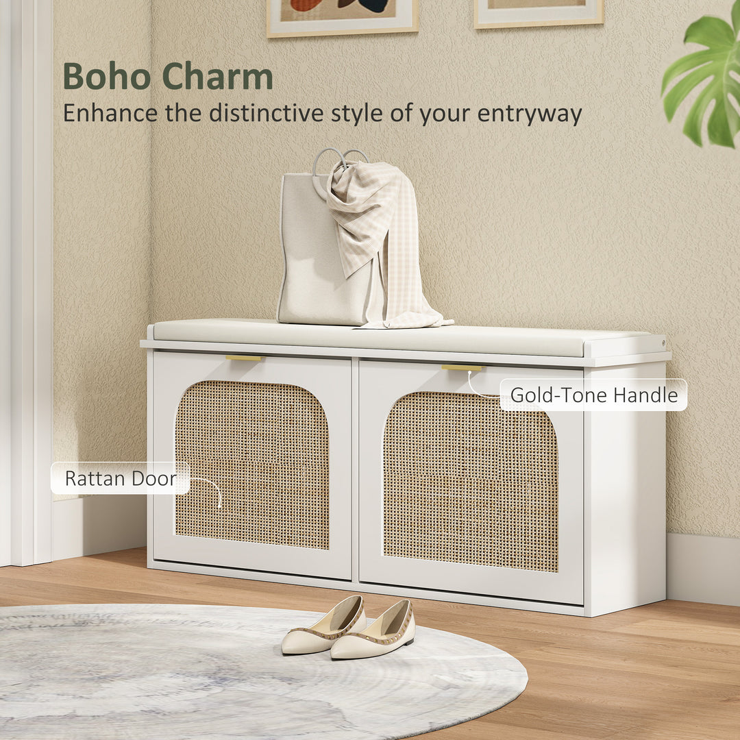 Boho Shoe Bench with Padded Seat and 2 Flip-Drawers - White