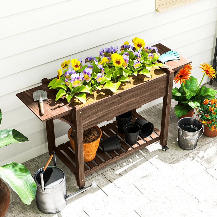 46 x 94cm Wooden Raised Planter, with Shelves - Carbonised