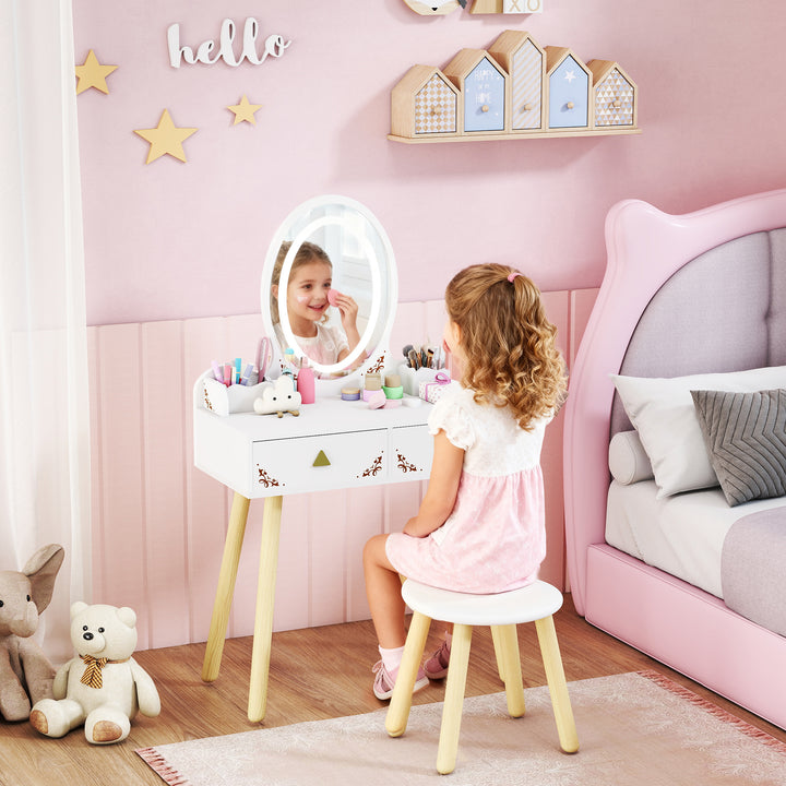 MCL Kids Vanity Table and Chair Set with 3-Colour LED Lights Mirror, Drawer, Storage Boxes, for 3+ Years, White