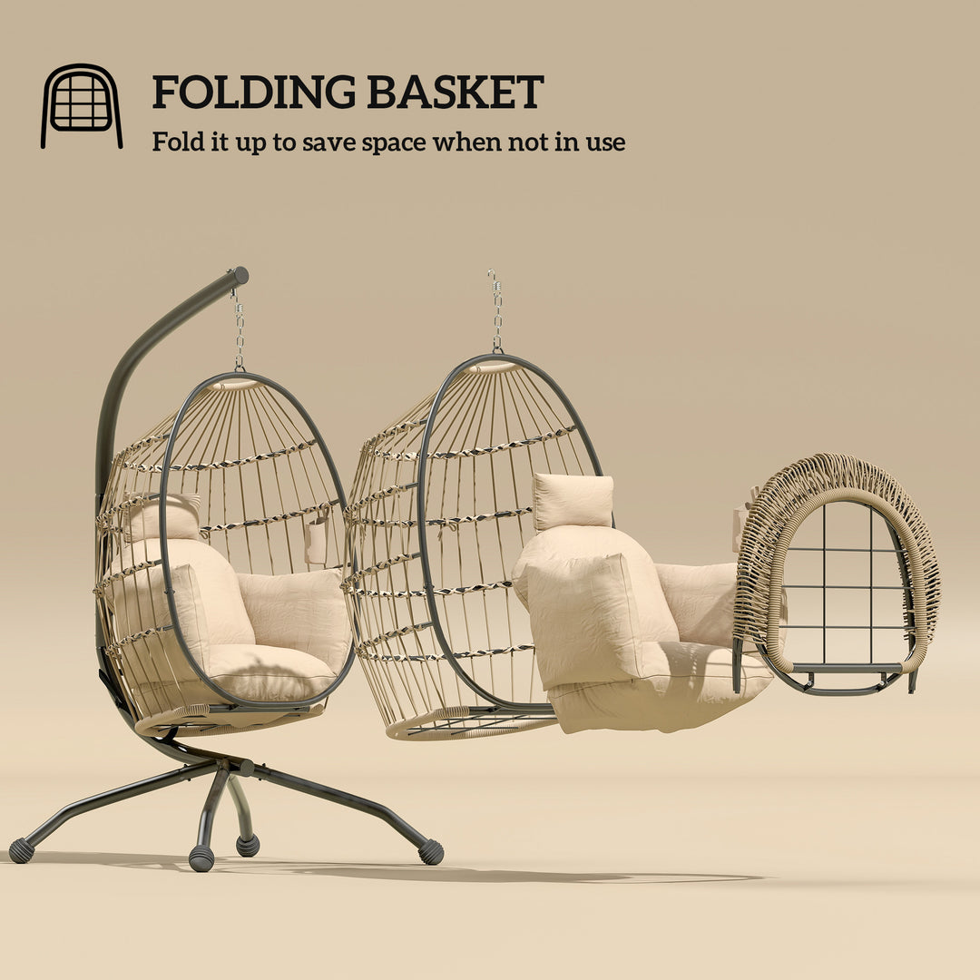 Hanging Egg Chair Outdoor Indoor Garden Swing Chair with Folding Basket and Thickened Cushion, Garden Hanging Chair with Stand, Headrest, Cup Holder for Patio, Balcony, Khaki
