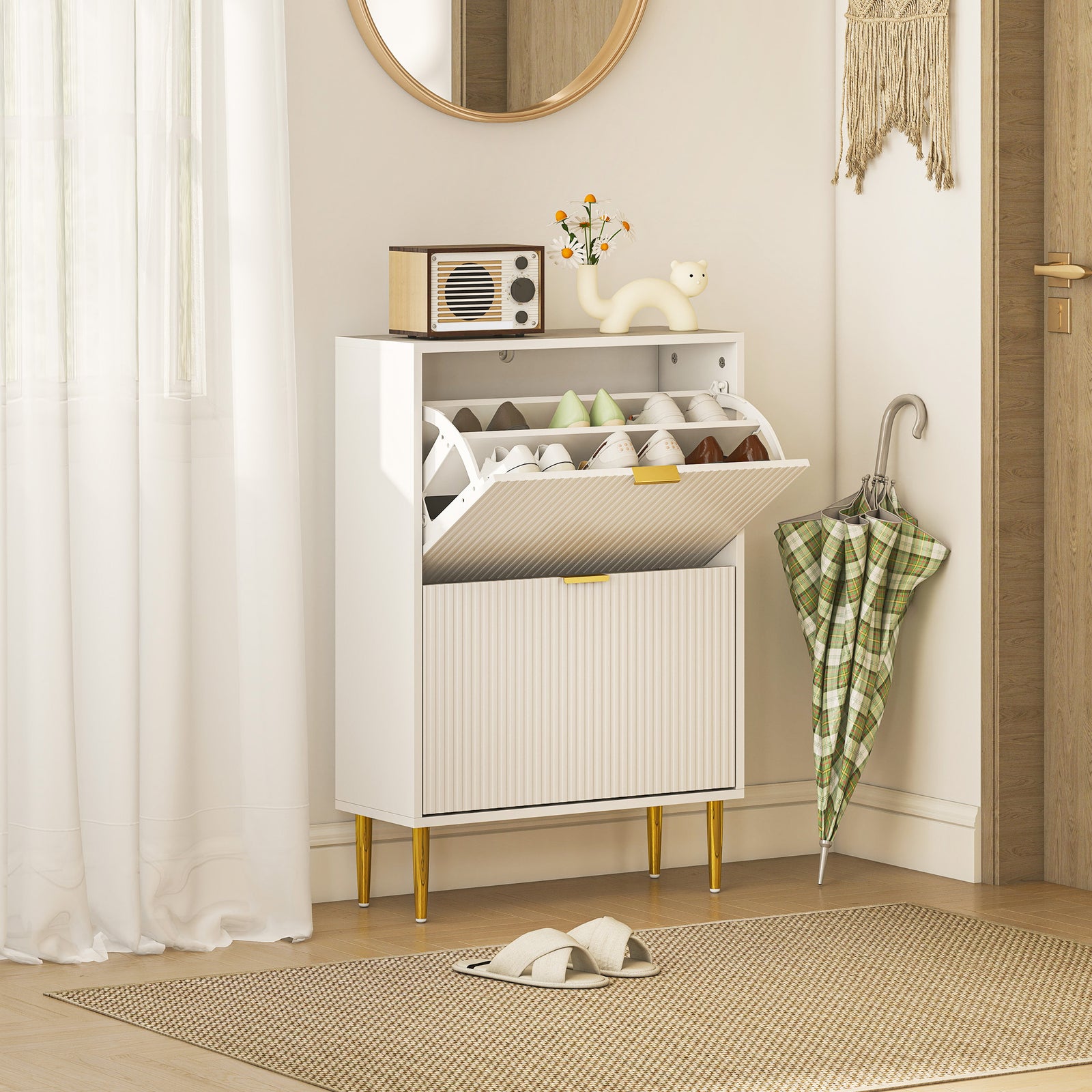 Narrow Shoe Cabinet with 2 Flip Drawers - White