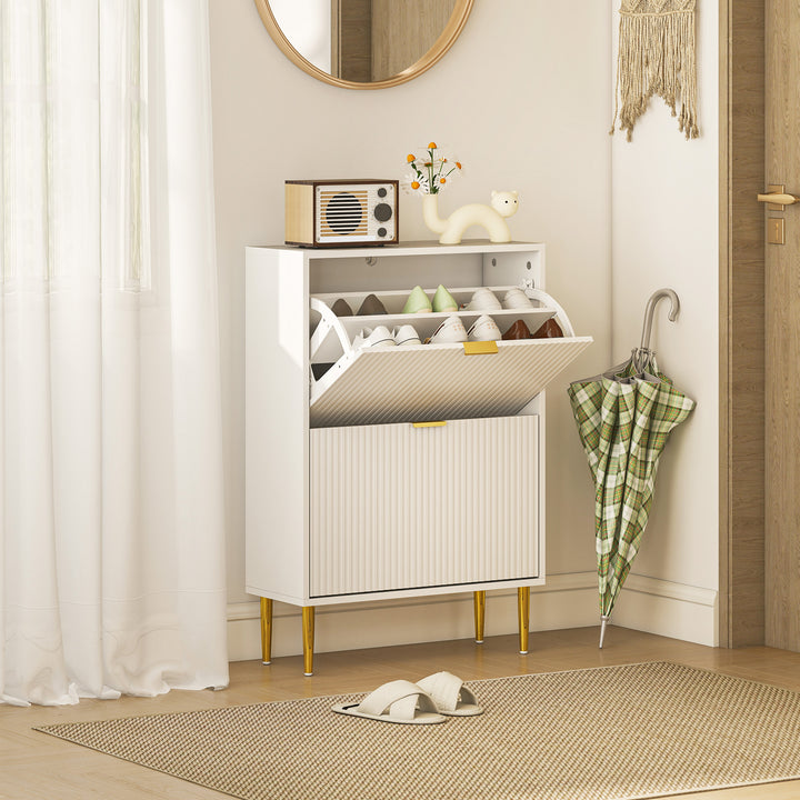 Narrow Shoe Cabinet with 2 Flip Drawers - White