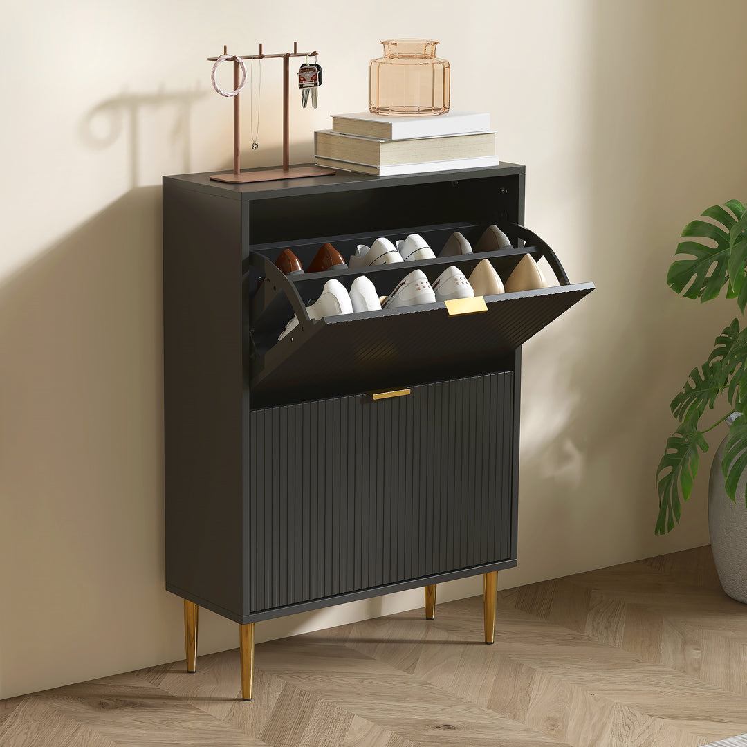 Narrow Shoe Cabinet with 2 Flip Drawers - Black