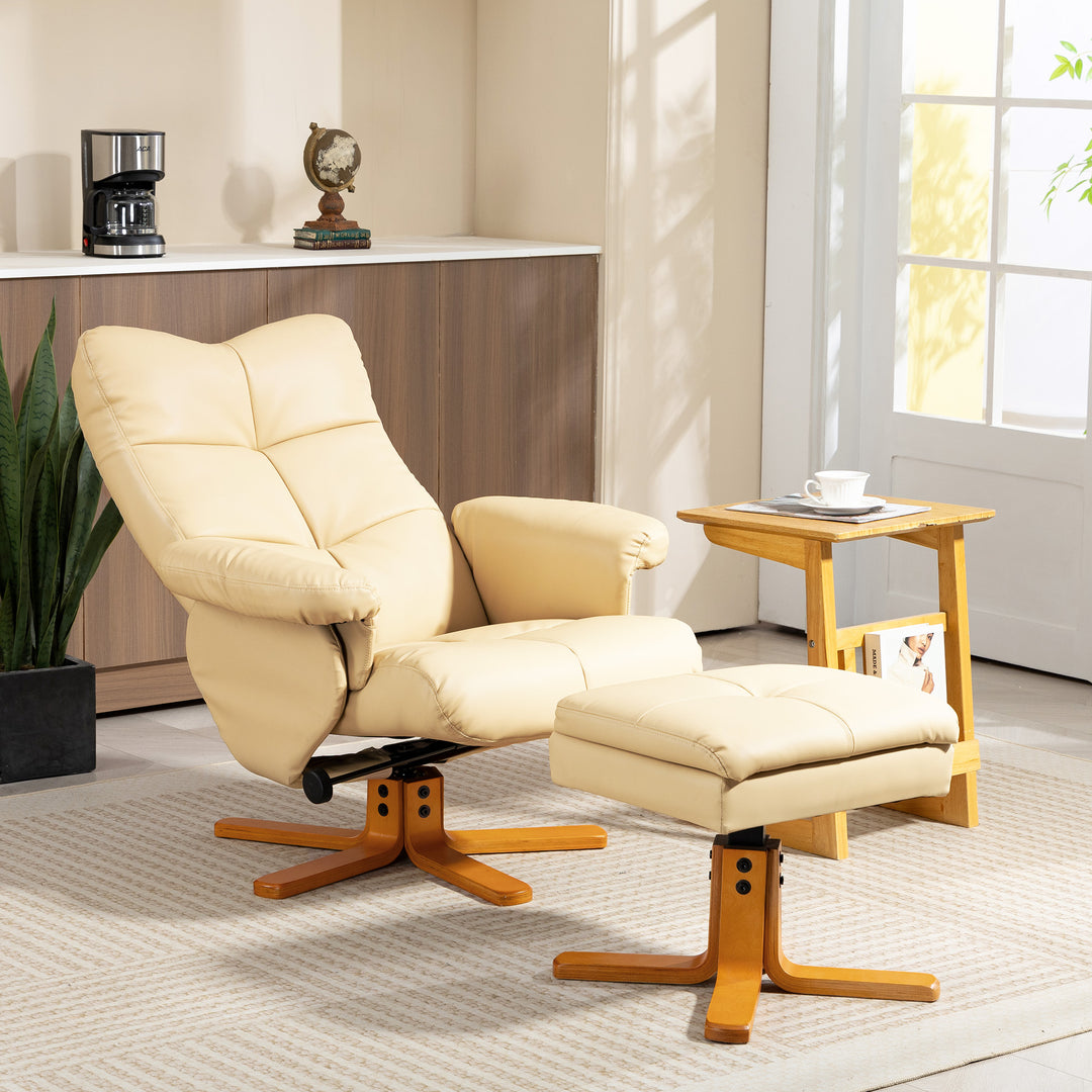 MCL PU Leather Swivel Recliner Chair with Footstool, Wooden Base and Storage for Living Room, Beige
