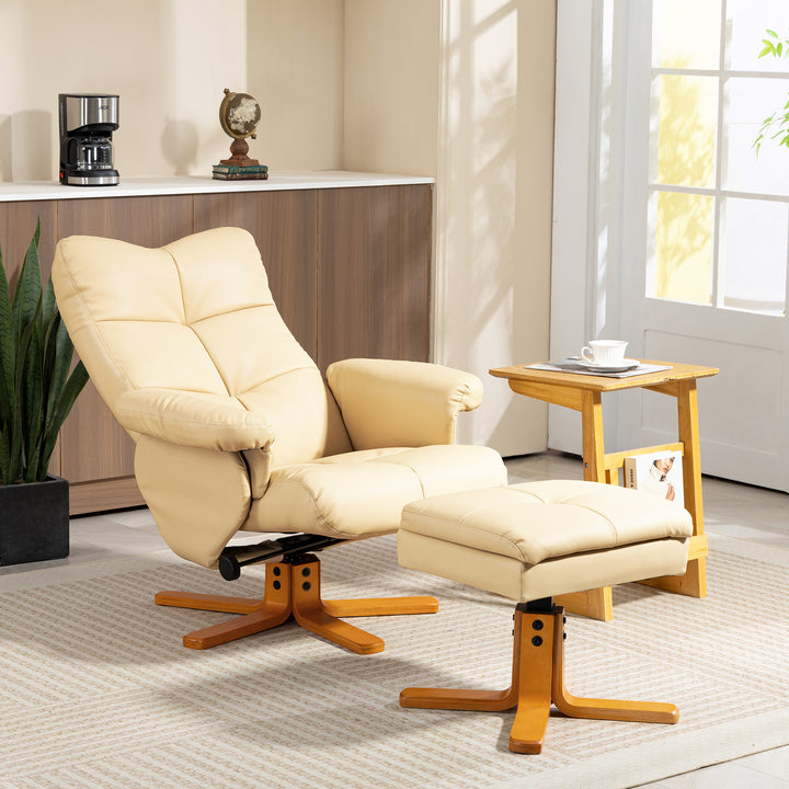 MCL PU Leather Swivel Recliner Chair with Footstool, Wooden Base and Storage for Living Room, Beige