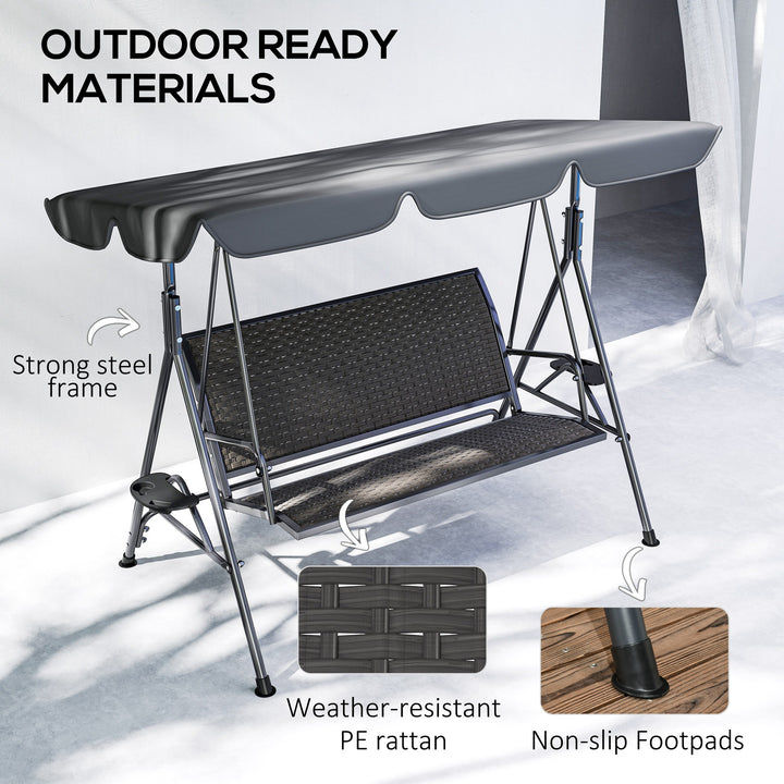 3 Seater Swing Chair, Garden Swing Seat Bench with Adjustable Canopy, Rattan Seat and Steel Frame for Patio, Yard, Grey