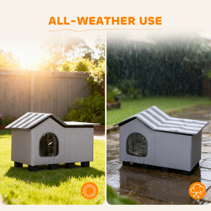 PawHut Outdoor Cat House, Weatherproof Feral Cat Cave with Elevated Base and Cushion for Winter, Grey