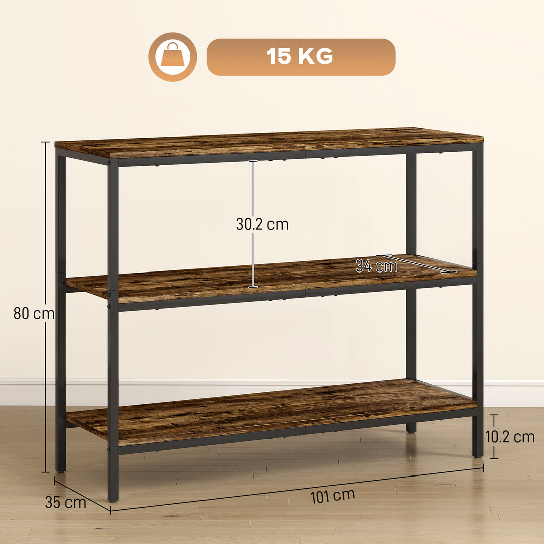 3-Tier Console Table with Storage Shelves - Rustic Brown