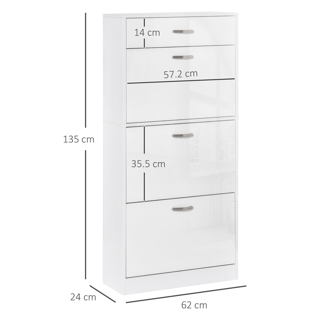 MCL Shoe Cabinet with 3 Flip Drawers, High Gloss Shoe Storage Cabinet with Top Drawer and Adjustable Shelves, Shoe Cupboard for 18 Pairs, White