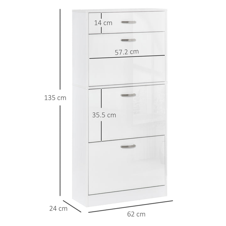 MCL Shoe Cabinet with 3 Flip Drawers, High Gloss Shoe Storage Cabinet with Top Drawer and Adjustable Shelves, Shoe Cupboard for 18 Pairs, White