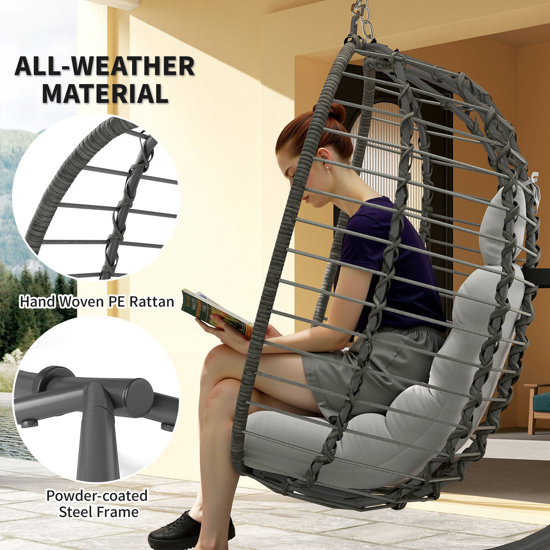 Rattan Hanging Egg Chair, Foldable Wicker Hammock Swing Chair with Cushion, Stand, Adjustable Height, Head Pillow, Steel Frame for Garden Patio Indoor Outdoor, Light Grey