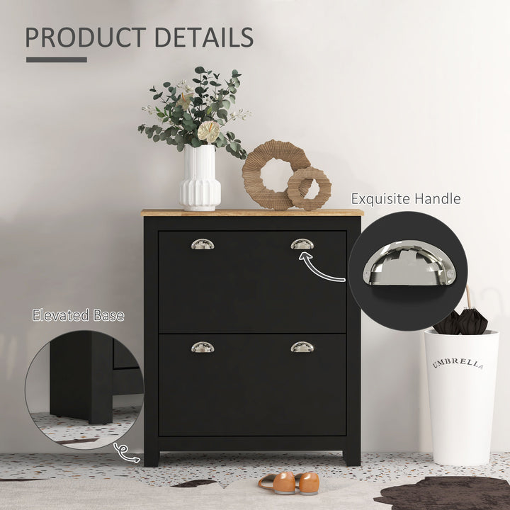 2 Drawer Shoe Cabinet Modern Narrow Shoe Cupboard Hallway Wooden Storage Organiser with Flip Doors Adjustable Shelf for 6-12 Pairs, Black