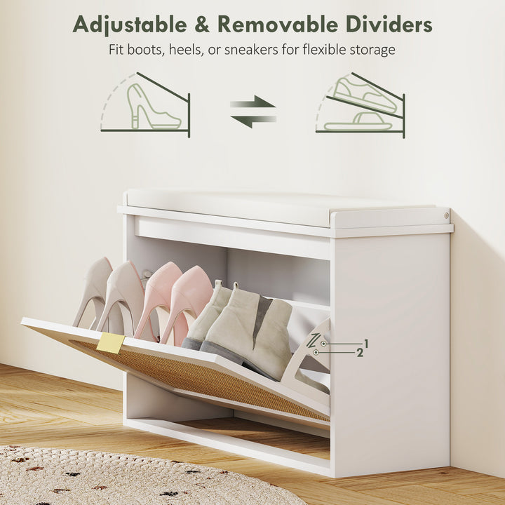 Boho Shoe Bench with Padded Seat and Flip-Drawer - White