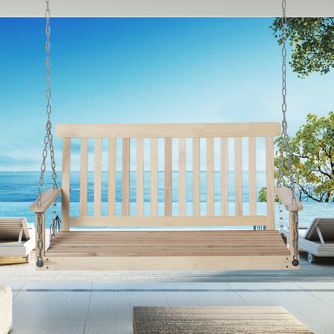 Outdoor Wooden Swing Bench 2-Seater Porch Swing Chair Hanging Hammock Garden Furniture, Natural