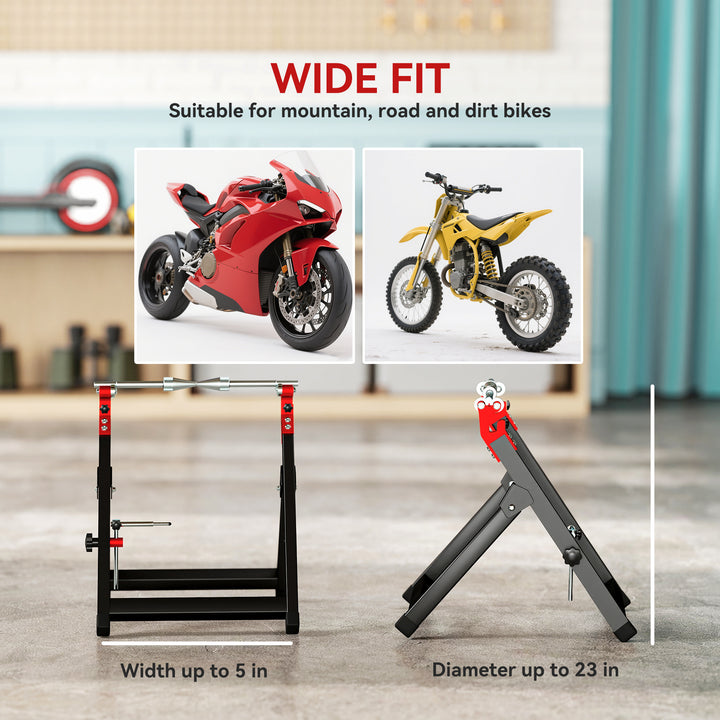 Foldable Motorcycle Wheel Balancer Truing Stand with Spoke Wrench, Steel Bike Tyre Rim Balancing Stand with Aluminium Shaft, Fits Wheels up to 23" in Diameter, 5" in Width, Black