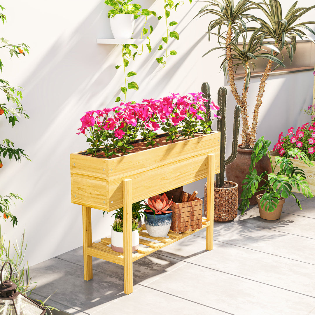 Wooden Raised Garden Bed, Elevated Planter Box with Bed Liner, Drainage Holes and Storage Shelf, Raised Planter for Vegetables, Flowers, Herbs, 100 x 30 x 71 cm, Natural Wood Finish