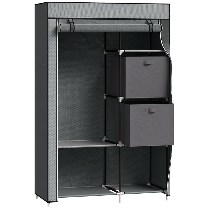 Fabric Wardrobe, Portable Wardrobe, Clothes Storage Unit with 5 Compartments, Hanging Rail and 2 Fabric Drawers, 102 x 42.5 x 162.5cm, Dark Grey