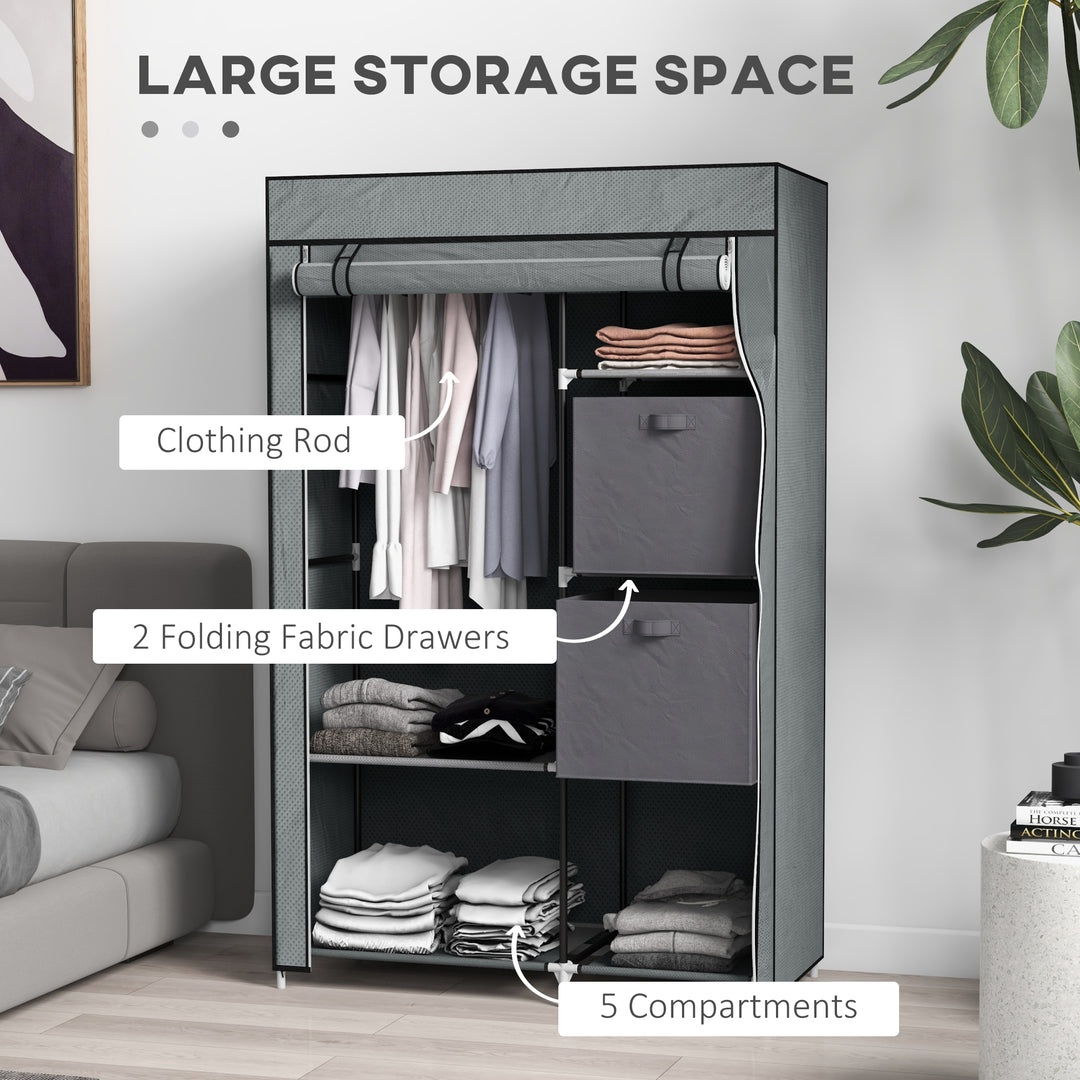 Fabric Wardrobe, Portable Wardrobe, Clothes Storage Unit with 5 Compartments, Hanging Rail and 2 Fabric Drawers, 102 x 42.5 x 162.5cm, Dark Grey