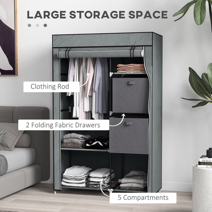 Fabric Wardrobe, Portable Wardrobe, Clothes Storage Unit with 5 Compartments, Hanging Rail and 2 Fabric Drawers, 102 x 42.5 x 162.5cm, Dark Grey