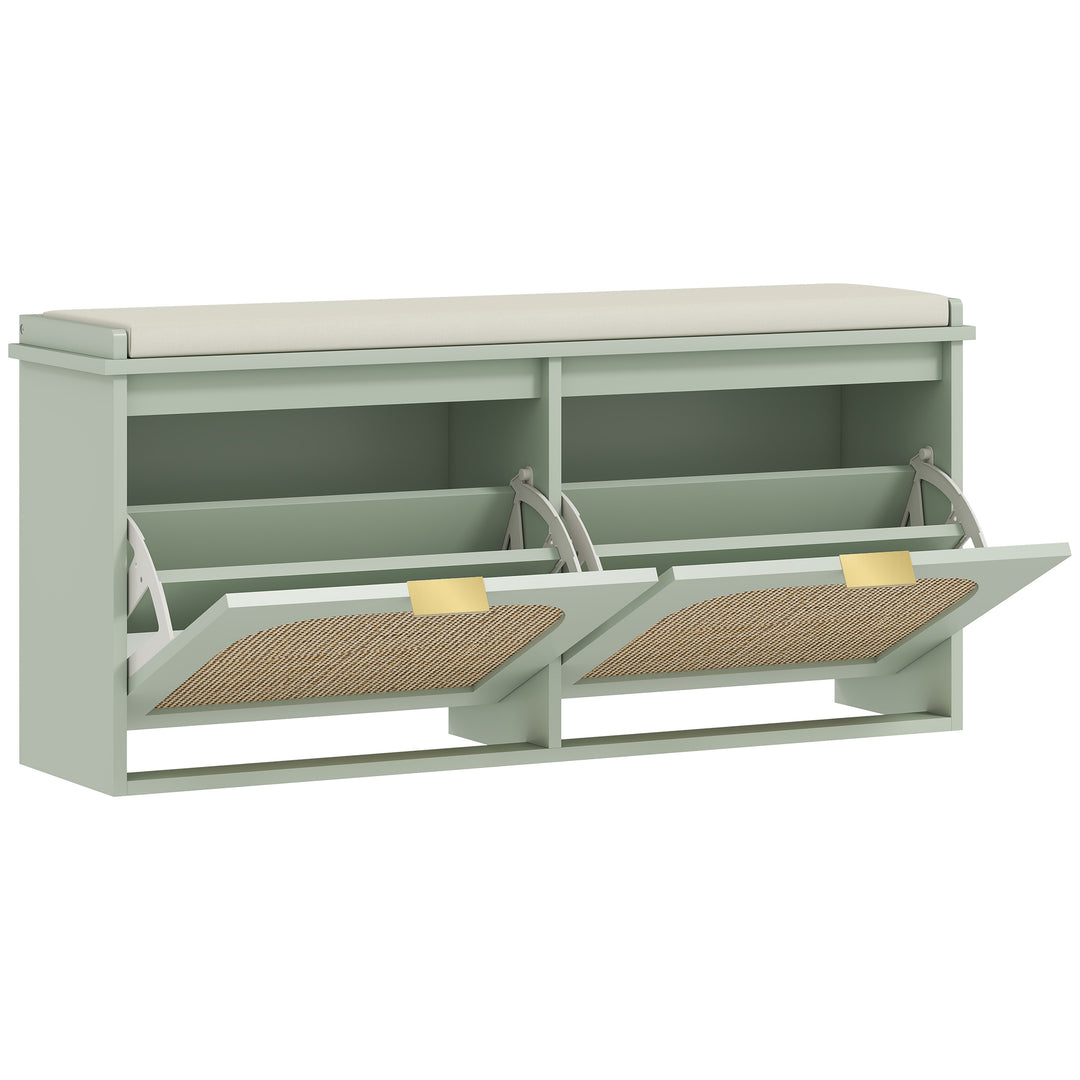Boho Shoe Bench with Padded Seat and 2 Flip-Drawers - Light Green