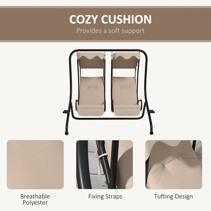 Two-Seat Garden Swing Chair, with Protective Canopy - Beige