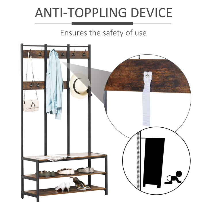 Coat Rack Stand, Free Standing Hall Tree, Coat Stand with Hooks, Bench and Shoe Rack, 100cm x 38.5cm x 185.5cm, Industrial Style, Rustic Brown and Black