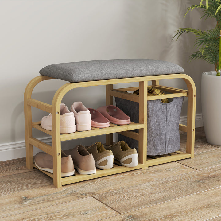 Bamboo Shoe Rack Bench with Padded Seat - Nature Wood Finish