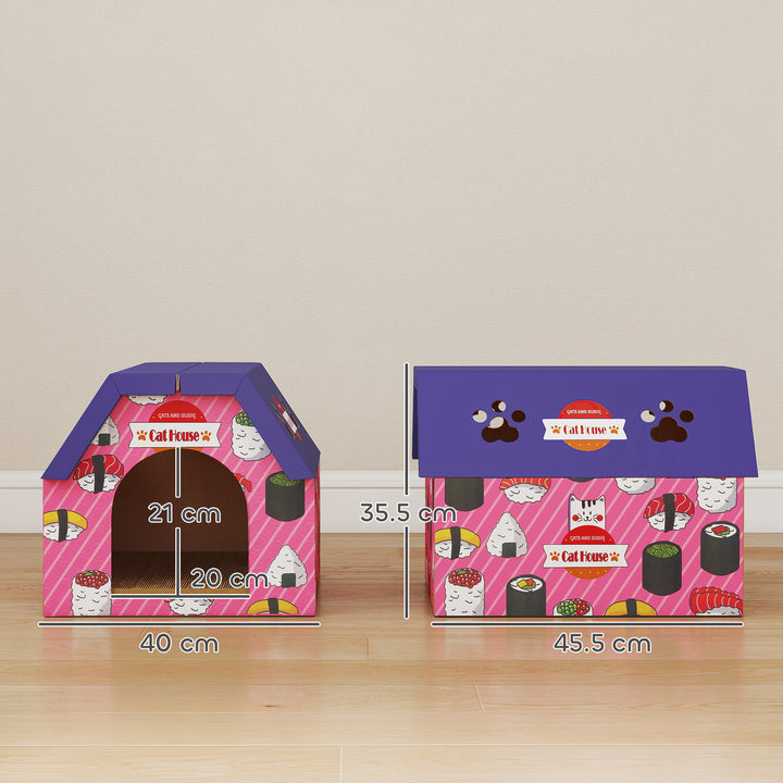 PawHut Cat Scratching Board, 2-in-1 Cardboard Cat House and Hideaway for Indoor Cats, Pink