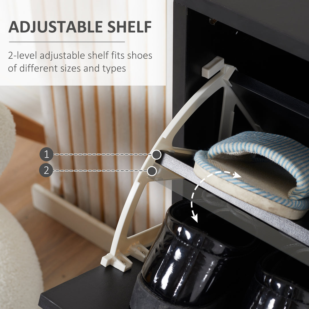 2 Drawer Shoe Cabinet, Narrow Shoe Storage Cabinet with Flip Doors and Adjustable Shelves, Slim Shoe Cupboard for 12 Pairs of Shoes for Entryway, Hallway, Black