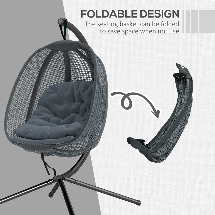 Outdoor Swing Chair with Thick Padded Cushion, Patio Hanging Chair with Metal Stand, Egg Chair with Foldable Basket, Cup Holder, for Indoor and Outdoor, Dark Grey