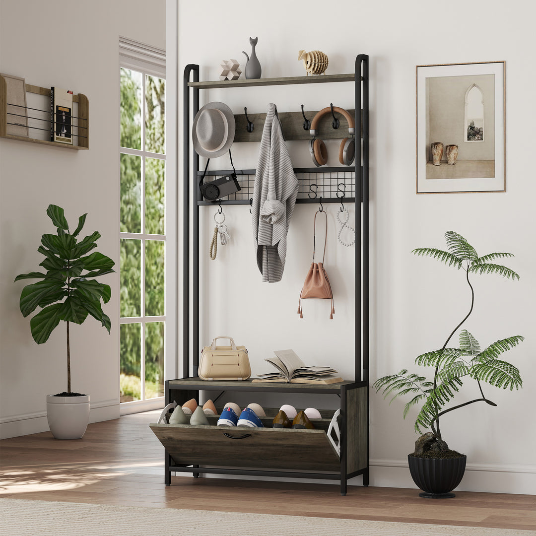 5-In-1 Industrial-Style Hallway Tree - Grey/Black