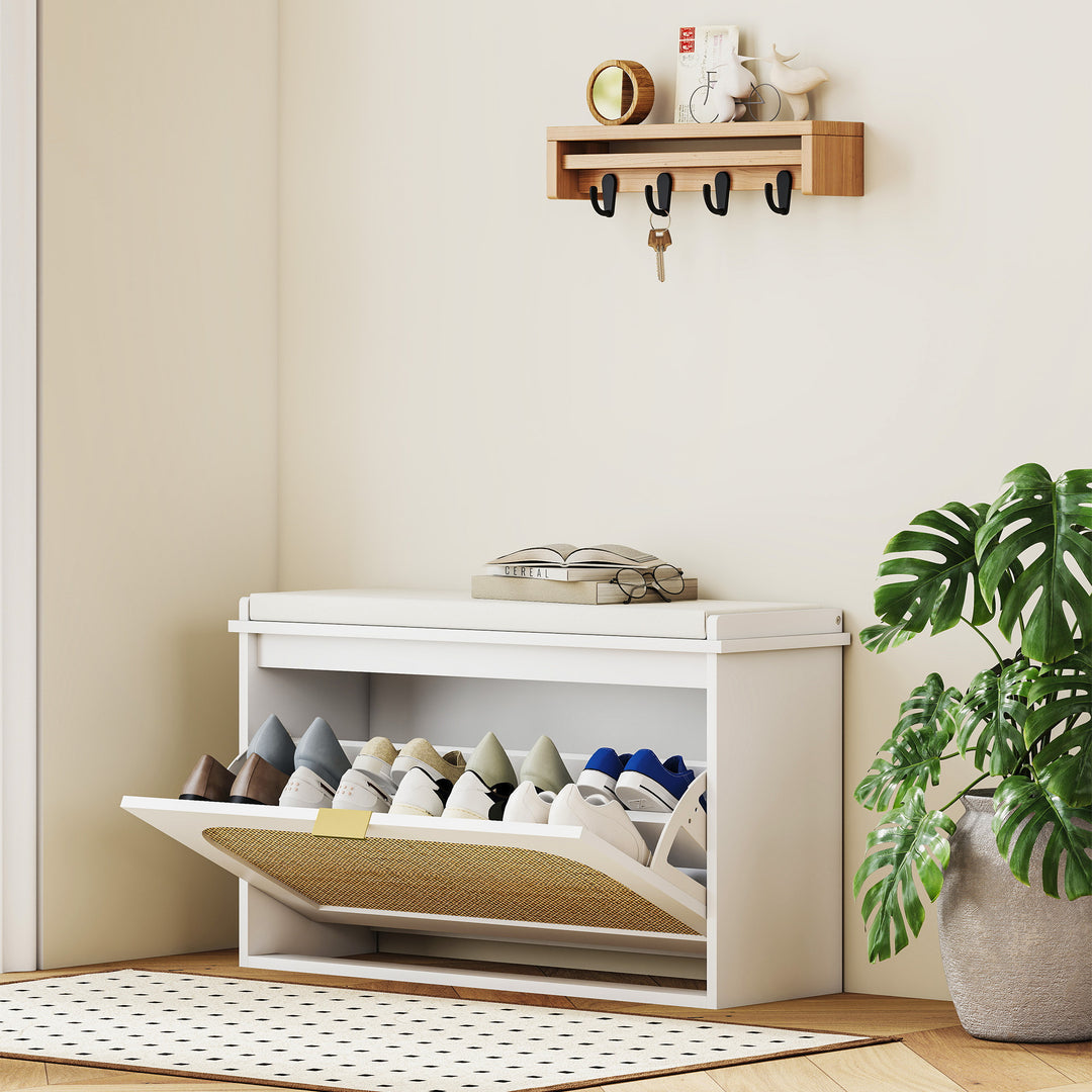 Boho Shoe Bench with Padded Seat and Flip-Drawer - White