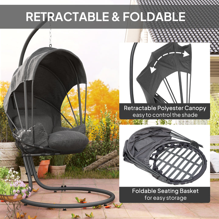 Hanging Egg Chair Swing Hammock Chair with Stand, Cushion and Retractable Canopy, for Indoor and Outdoor, Grey