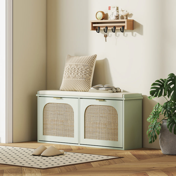 Boho Shoe Bench with Padded Seat and 2 Flip-Drawers - Light Green