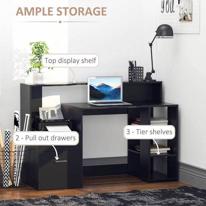 Computer Desk with Drawers and Storage Shelves, Office Desk Writing Table with Printer Stand, Large Workstation for Study Play Work Home Office, 137 x 55 x 92cm, Black