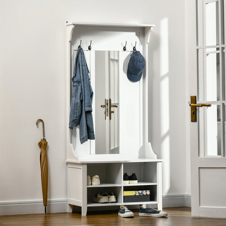 Hallway Furniture Set Shoe Bench Storage Mirror Cabinet Coat Rack Multiple Cubes Hangers Organiser Shelves w/ 4 Hooks