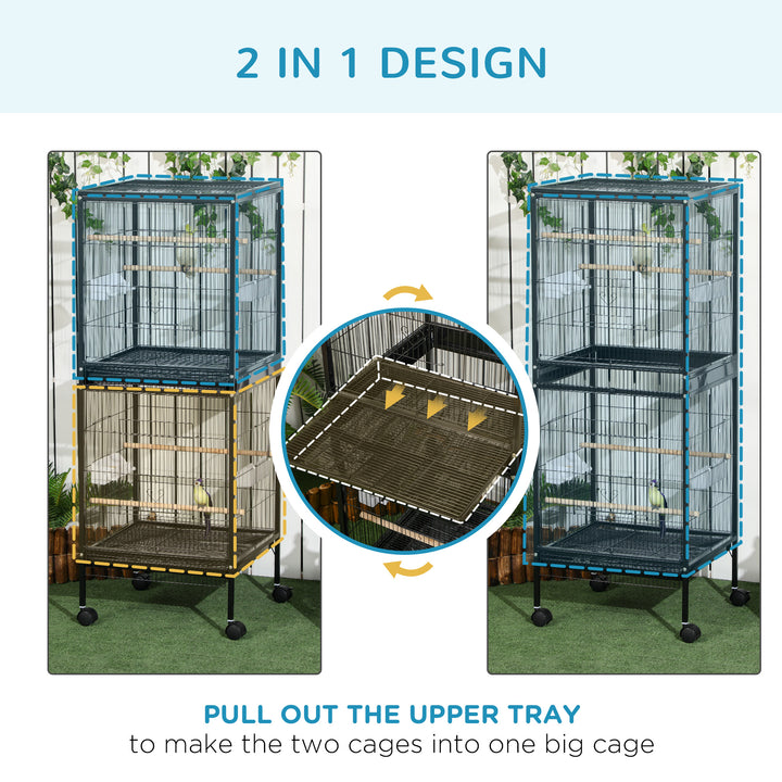 PawHut Bird Cage Budgie Cage 2 In 1 Large Aviary with Wheels Removable Trays for Finch Canaries Cockatiels Black