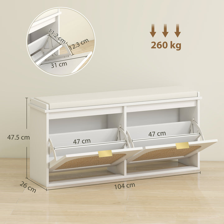 Boho Shoe Bench with Padded Seat and 2 Flip-Drawers - White