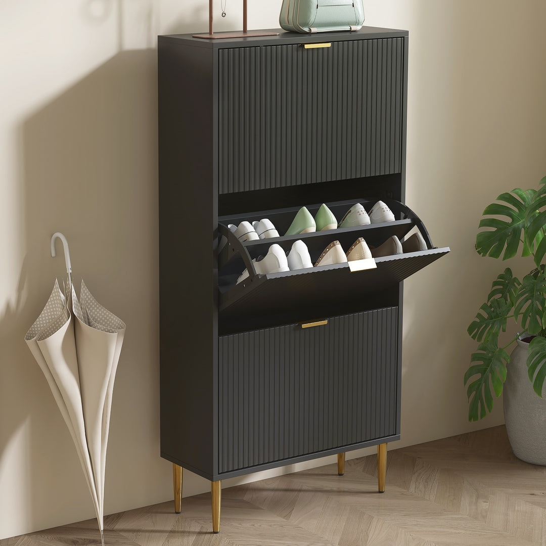 Narrow Shoe Cabinet with 3 Flip Drawers - Black