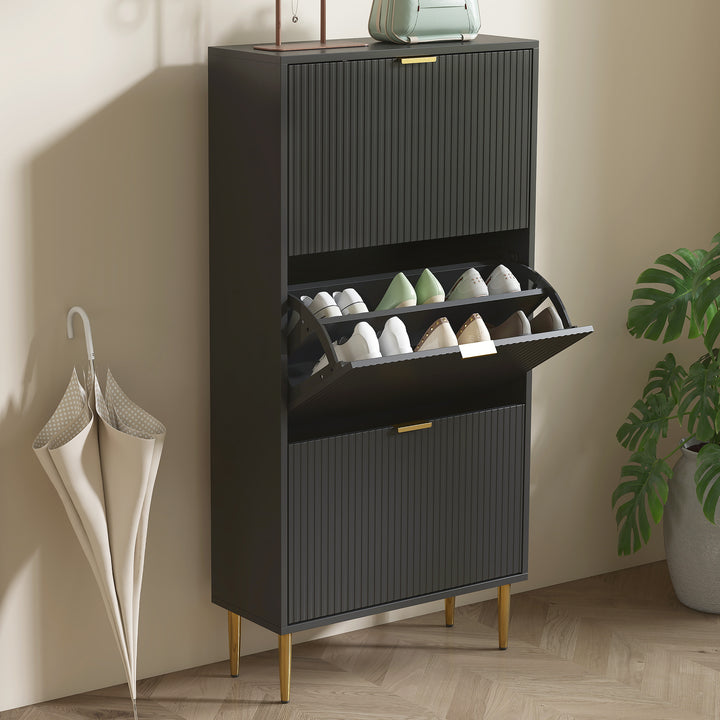 Narrow Shoe Cabinet with 3 Flip Drawers - Black