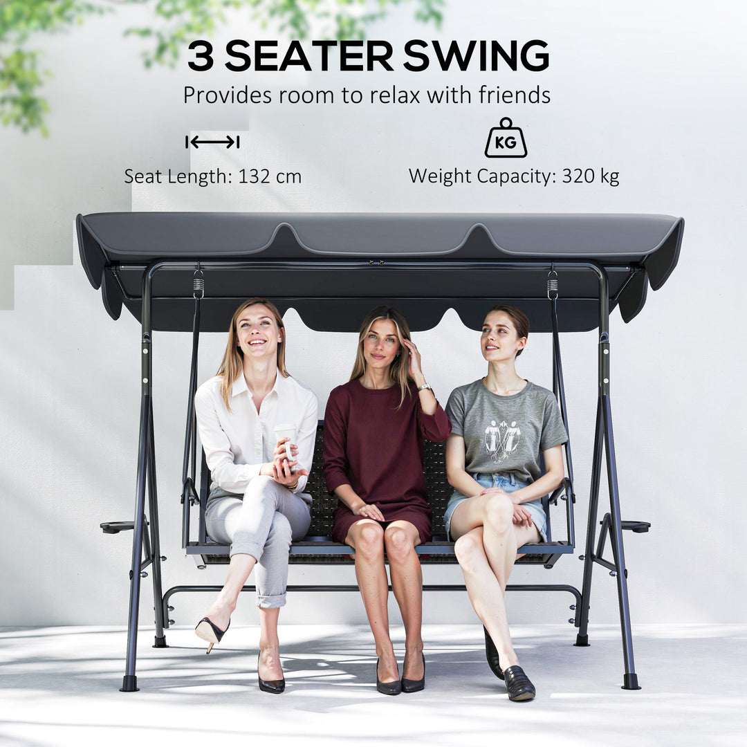 3 Seater Swing Chair, Garden Swing Seat Bench with Adjustable Canopy, Rattan Seat and Steel Frame for Patio, Yard, Grey