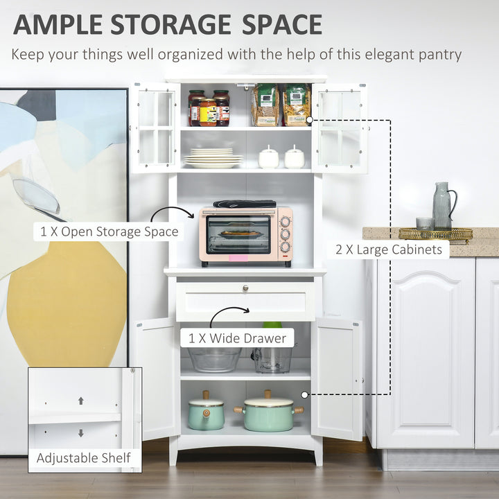 Kitchen Cupboard, Wooden Storage Cabinet with Framed Glass Door, Drawer, Microwave Space for Dining and Living Room, White