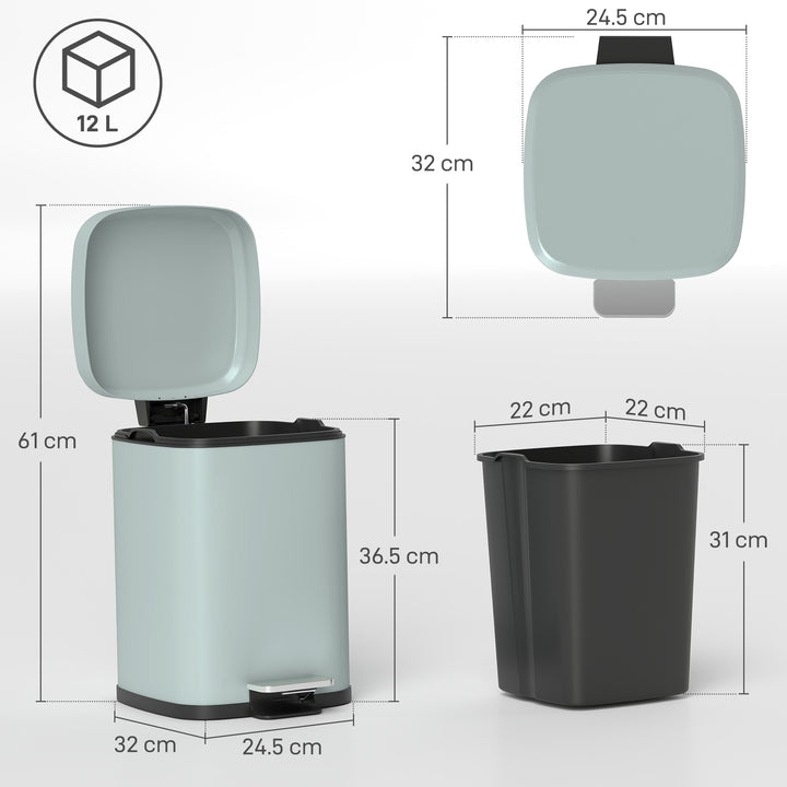 12L Modern Boxy Metal Home Kitchen Bin - Light Green