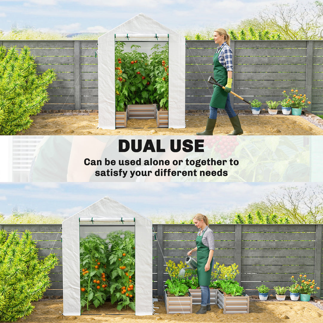 Small Greenhouse with Raised Garden Bed, Galvanised Walk-in Greenhouse with Roll Up Windows, 141 x 141 x 190 cm